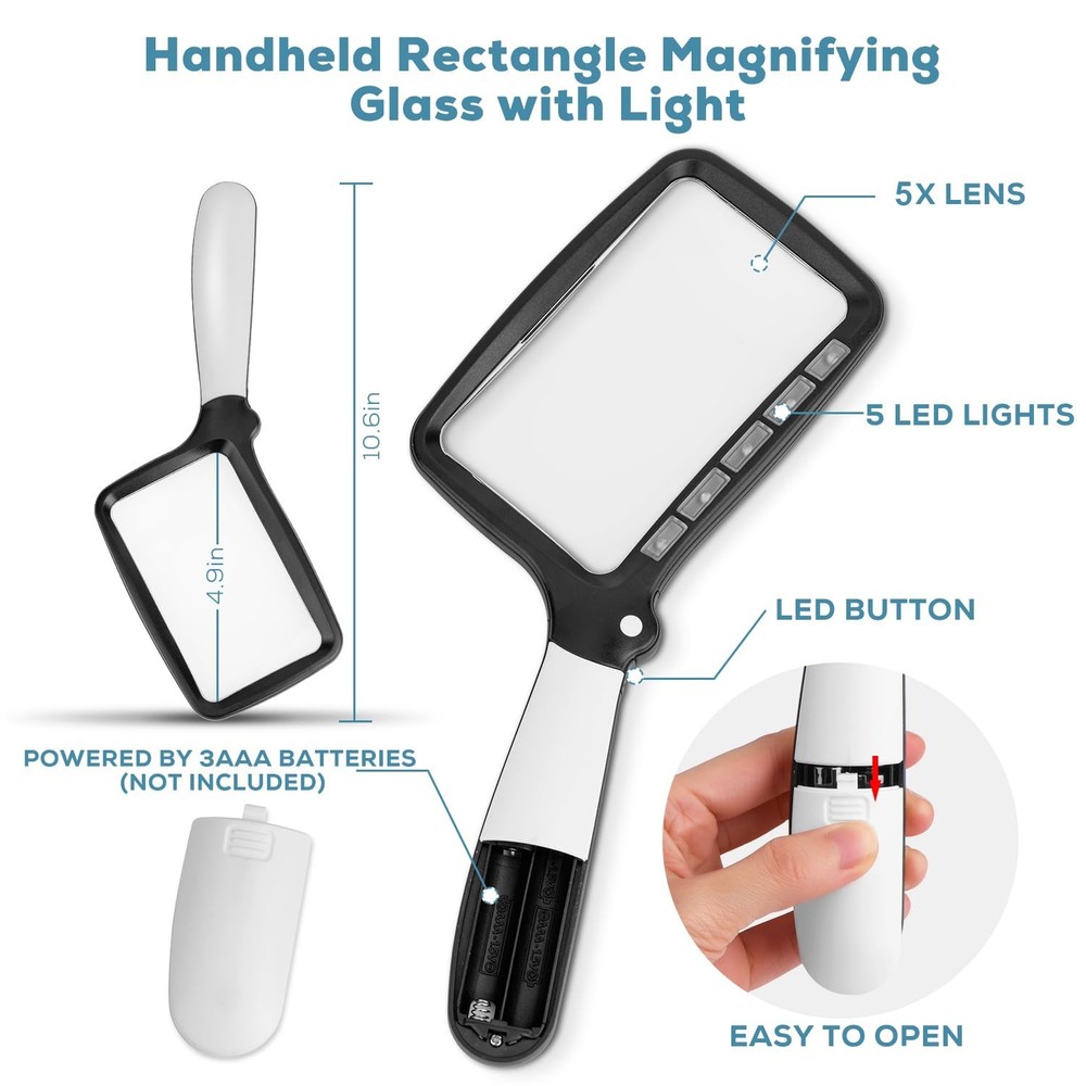 Folding Handheld Magnifying Glass with Light, 5X Large Rectangle Reading Magn...