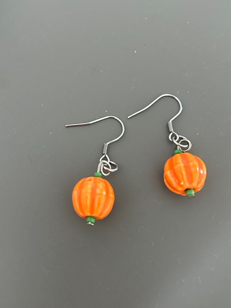 Ceramic Fall Pumpkin Bead Earrings 23026 - Orange