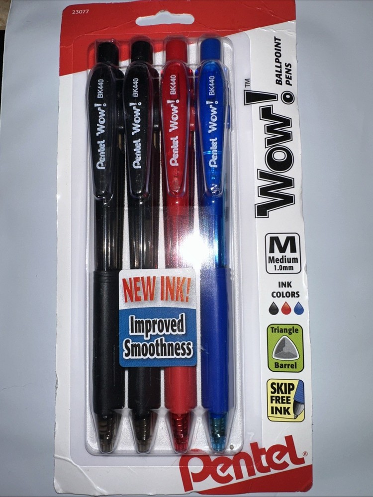 Pentel WOW! Retractable Ballpoint Pens Medium Line Assorted Ink 4-Pack NEW PACK