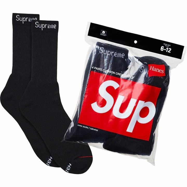 Supreme Hanes Crew Socks - Black  4 Pack, Size 6-12