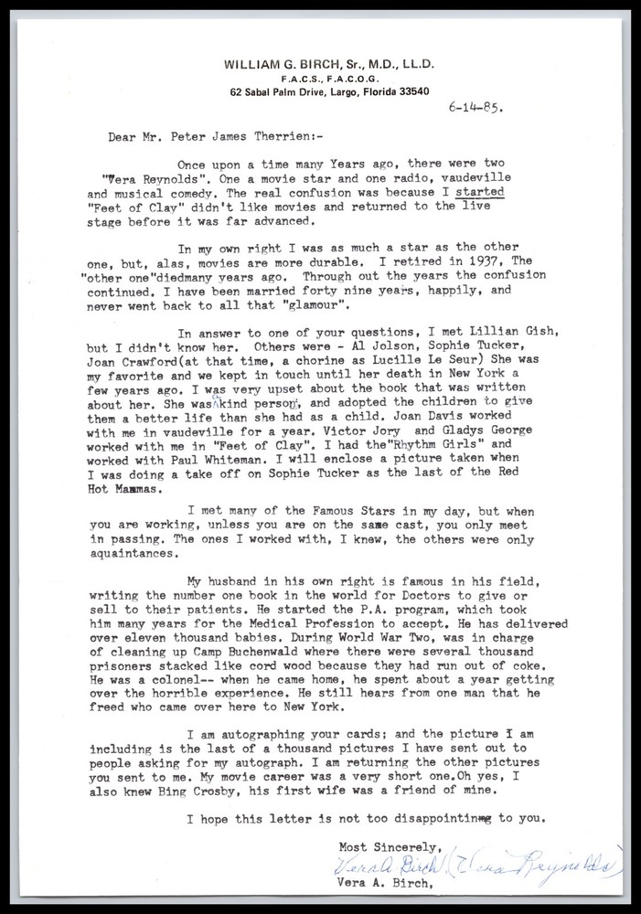 Vera Reynolds - Typed Letter - Signed | Autograph 1985