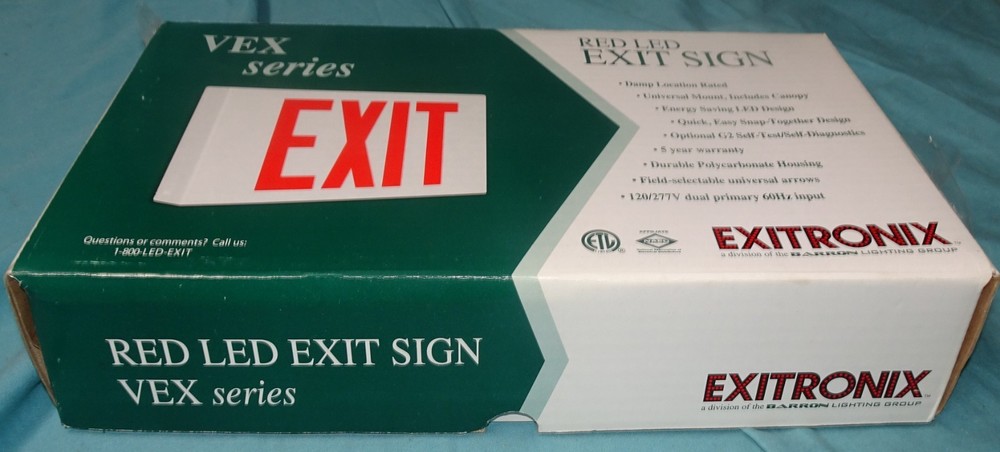 = Exitronix LED Exit Sign White Thermoplastic VEX-U-BP-WB-WH Double Sided RED