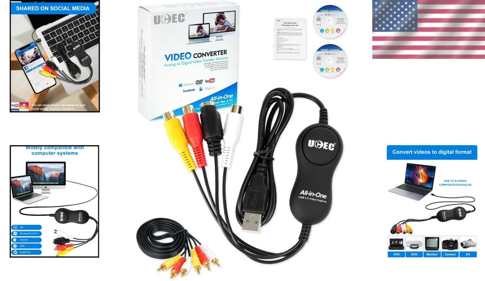 30fps VHS to Digital Conversion Kit with RCA Cable & User Guide for PC/Mac