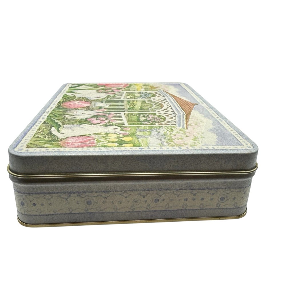 Spring Easter Bunny Rabbits Tulips Pastel Rocky Mountain Chocolate Tin-empty