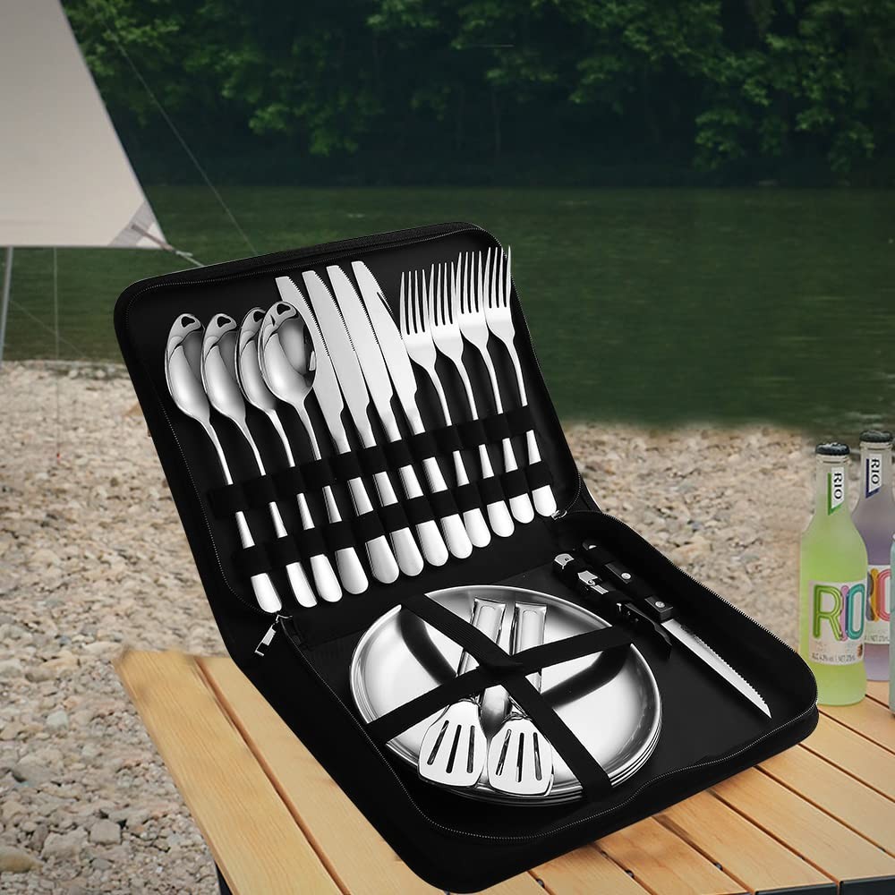 Camping Silverware Silver Picnic Plates nd Utensils Set For 4 Portable Tableware