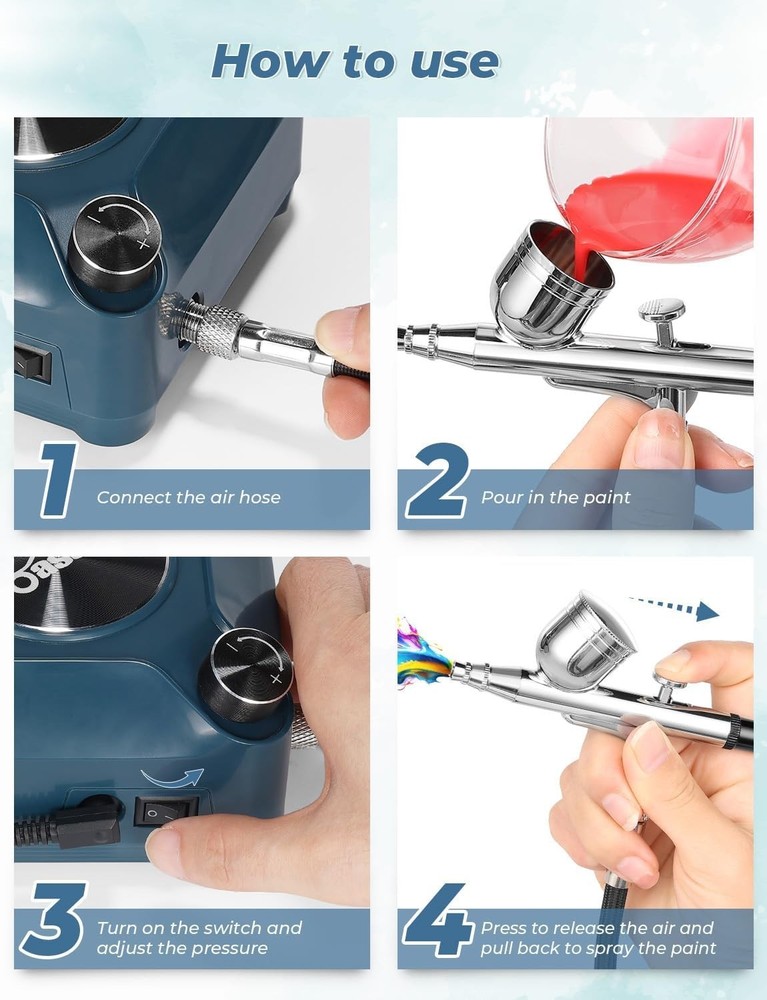 Efficient Airbrush Kit with Compressor, Three Nozzle Sizes, Lightweight Design