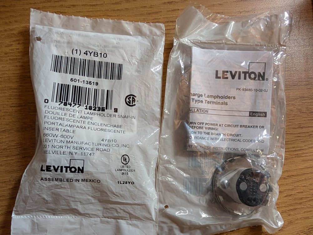 (2-Pack) Leviton 13519 Bi-Pin Fluorescent Socket 660W 600V, Solid End Only