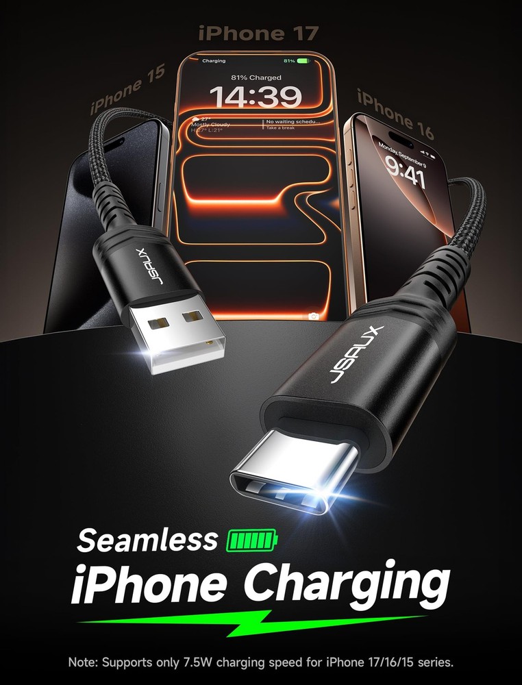 JSAUX USB C Cable 3.1A Fast Charging, 3-Pack 3.3ft+6.6ft+10ft, Grey