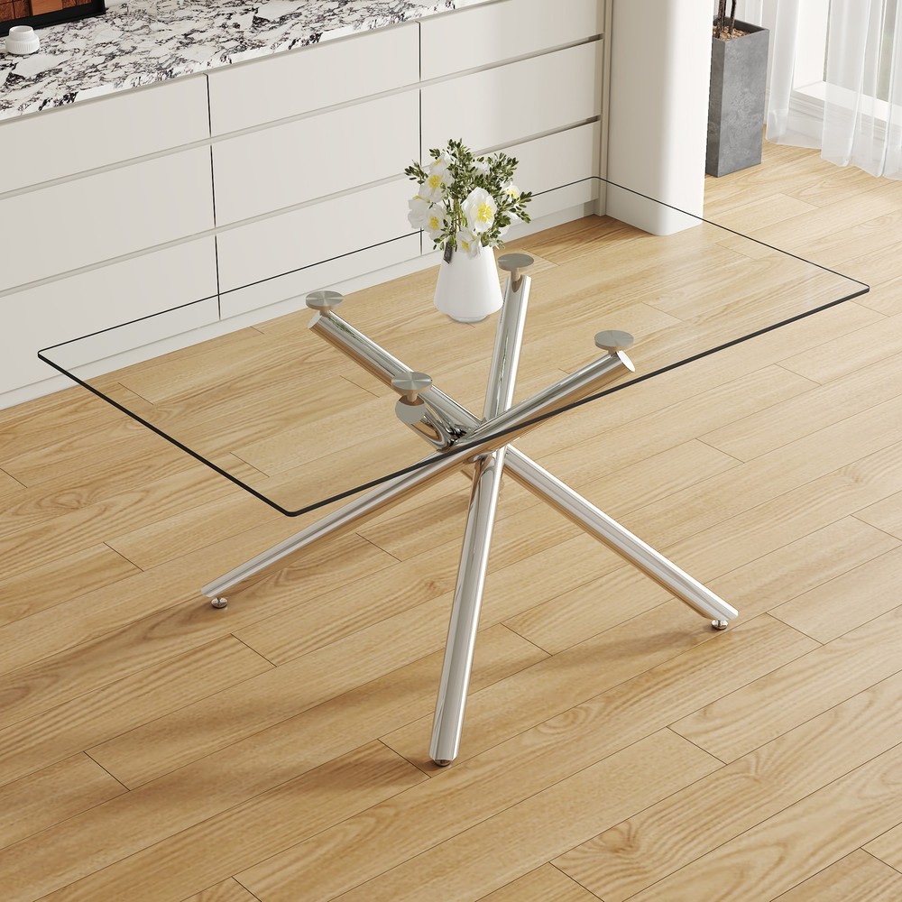 Large Modern Minimalist Rectangular Glass Dining Table with 0.39" Tempered Gla