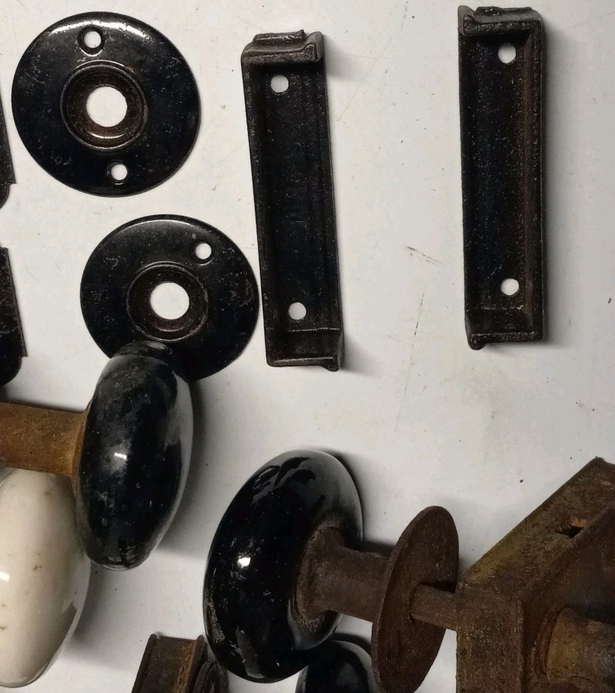 Antique RHC Reading & Sager Hardware Cast Iron Rim Lock Sets W/ Porcelain Knobs