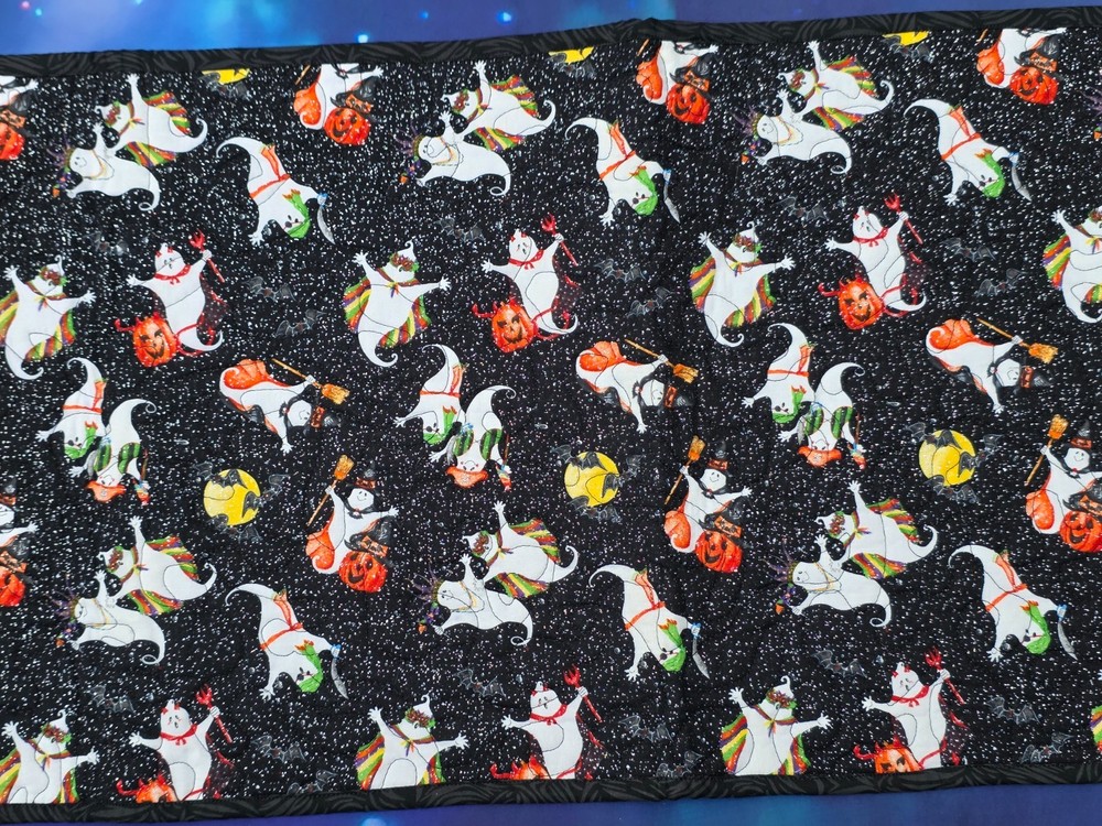 Handmade quilted Halloween Table Runner Ghosts pumpkins glitter Bats Black