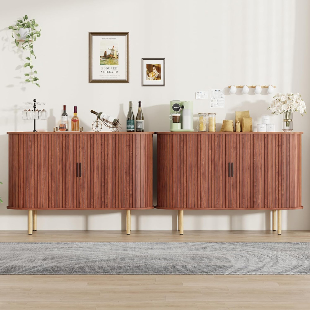 Modern 47" Walnut Sideboard Buffet Cabinet with Sliding Doors & Adjustable Shelv