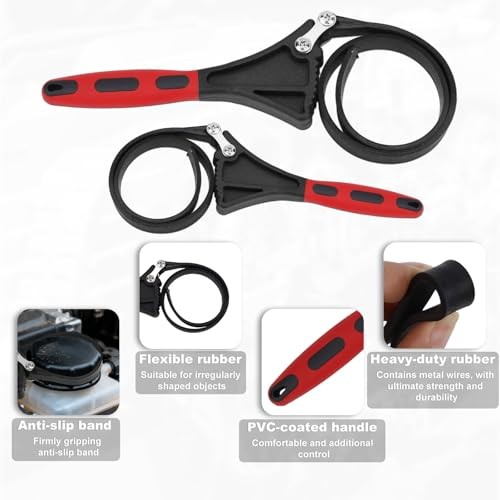 2pcs Rubber Strap Wrench, 2 Sizes Adjustable Oil Filter Spanner for Diameter