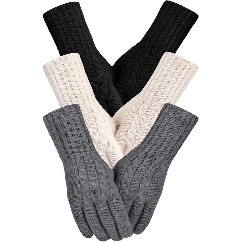 Warm Wool Gloves Touchscreen Compatible Cable Knit Ribbed Cuffs Winter Use