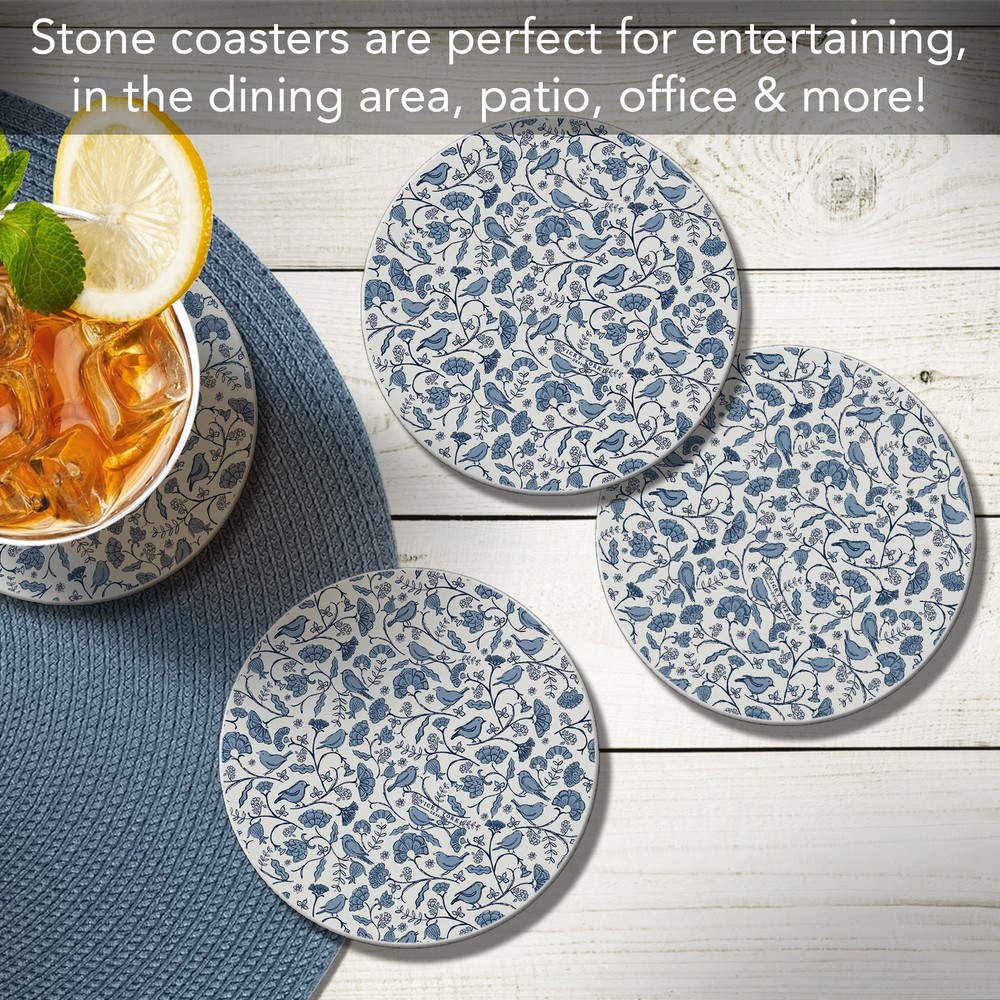 Vintage Flock 4 Pack Round Absorbent Stone Coasters with Protective Cork Backing