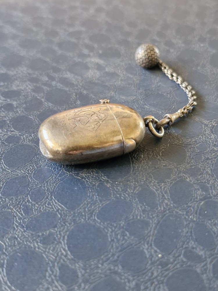 Victorian 1896 Solid Silver Vesta Case,Chester Hallmarked,William Neale + Chain.
