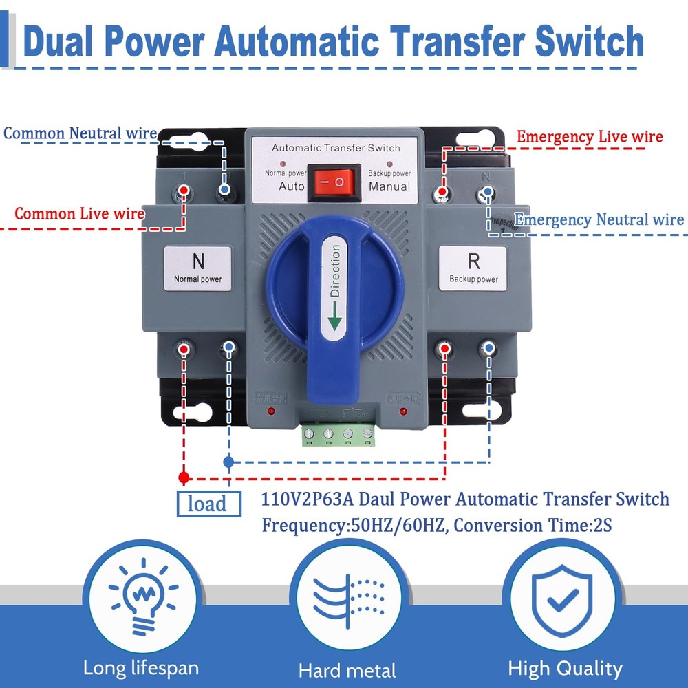 Dual Power Automatic Transfer Switch, 2P 63A 110V Generator Blue