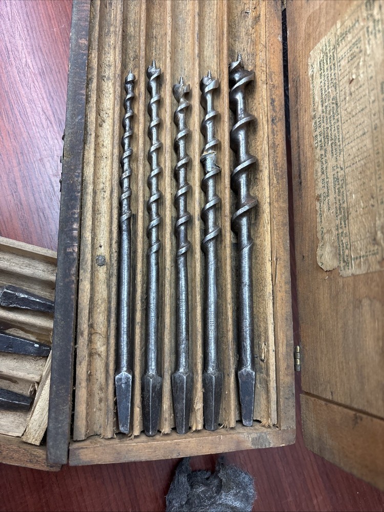 Antique Irwin Auger Drill Bit Wood Box w/ 8 auger bits