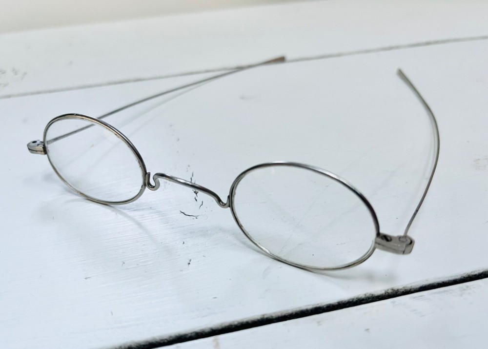 Antique Silvertone Round Wire Eyeglasses Frames Metal Spectacles Light Weight