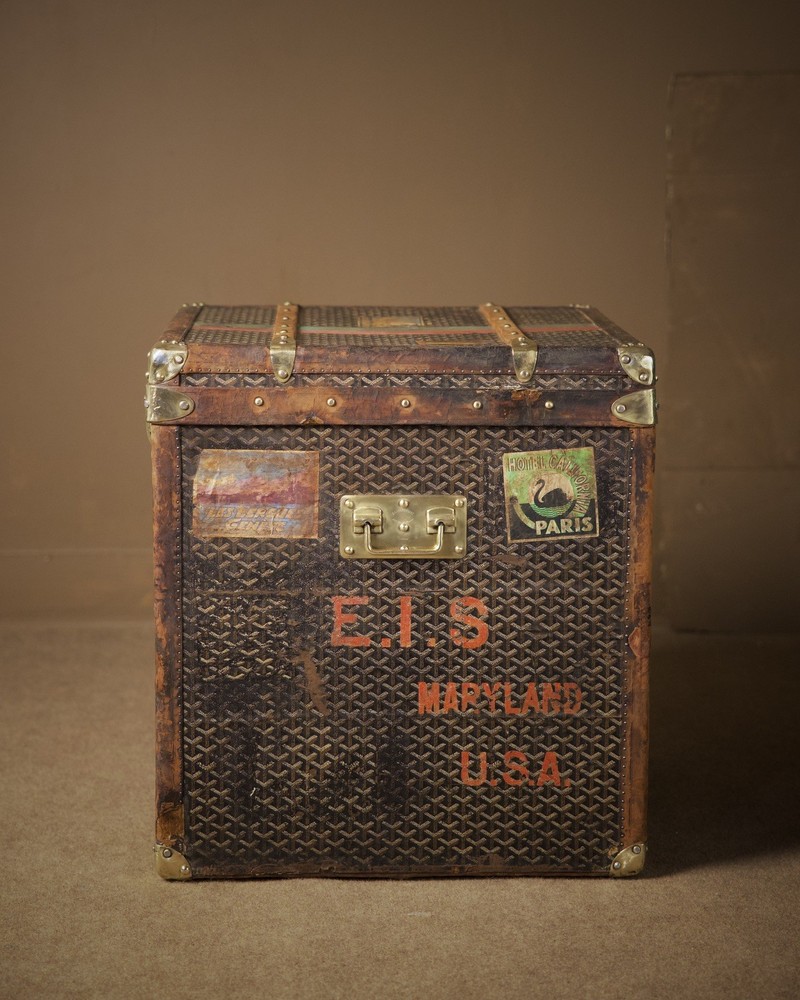 Antique Goyard Hat Cube Trunk Chevron Pattern
