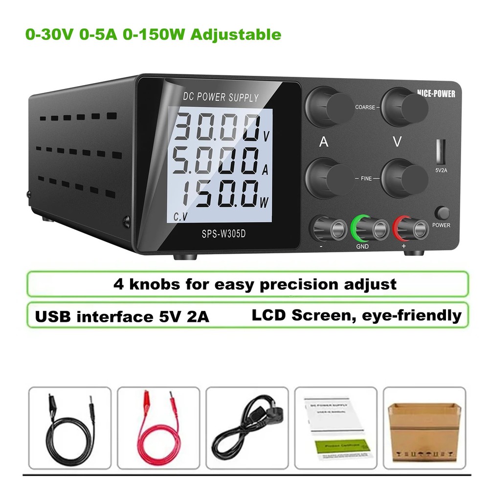 10A Lab Adjustable DC Power Supply with 4-Digit LCD Display USB Switch Voltage