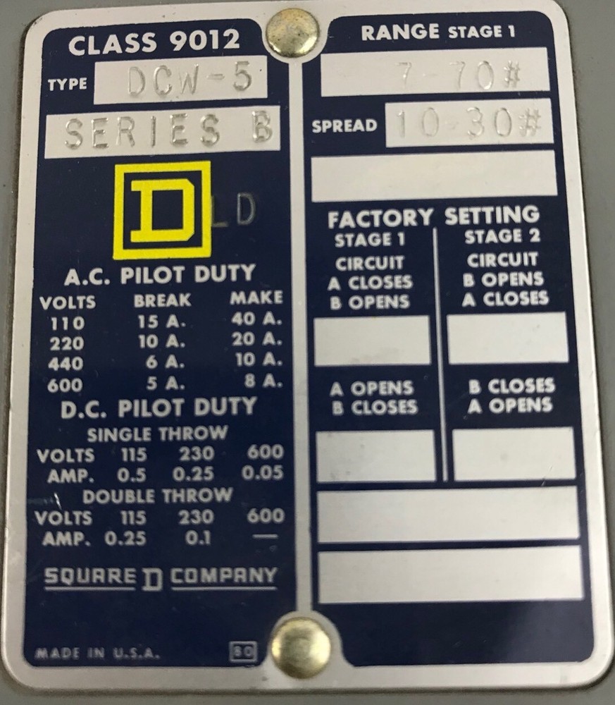 Square D Pressure Switch, 35-45 psi, class 9012, type DCW5, Series B
