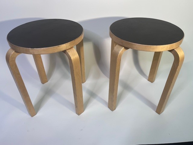 2 Artek Alvar Aalto Model E60 Black Birch Stools Original