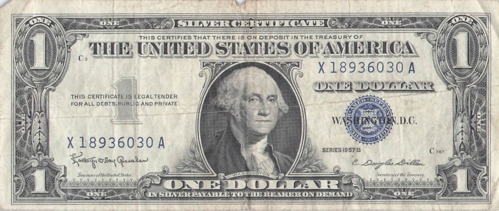 1957 One Dollar Well Circulated Silver Certificate Note