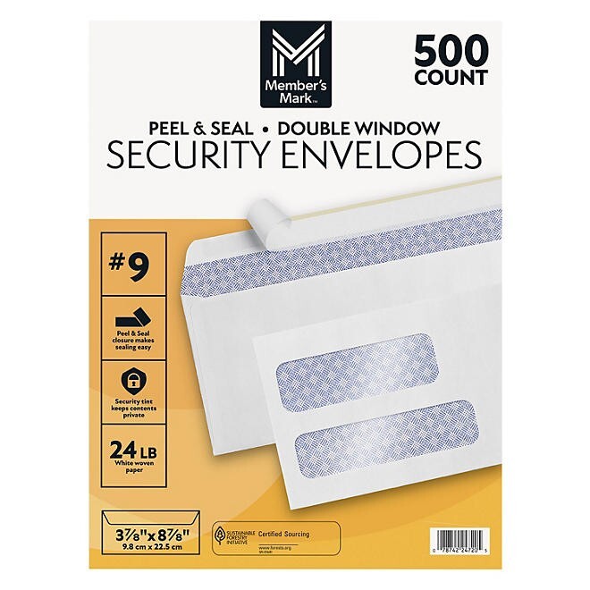 Member's Mark Security Envelope #9, Peel & Seal Double Window ~ 500 Counts