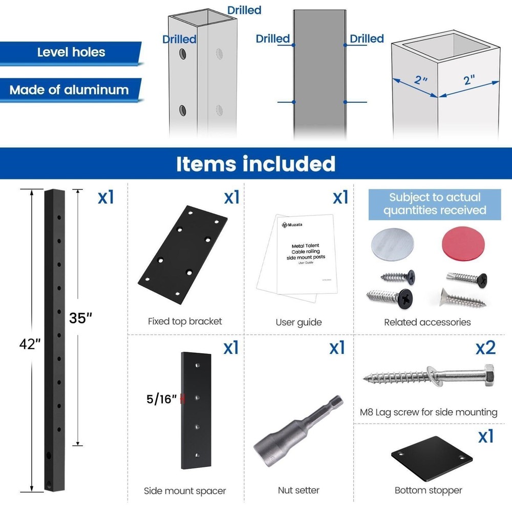 Muzata 36''x2''x2'' Black Aluminum Side Mount Post