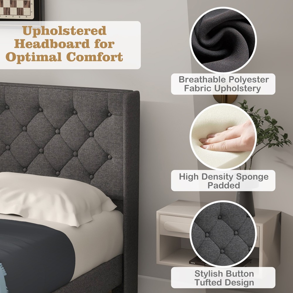 Upholstered Platform Bed Tufted Headboard Mattress Foundation Full Size Grey