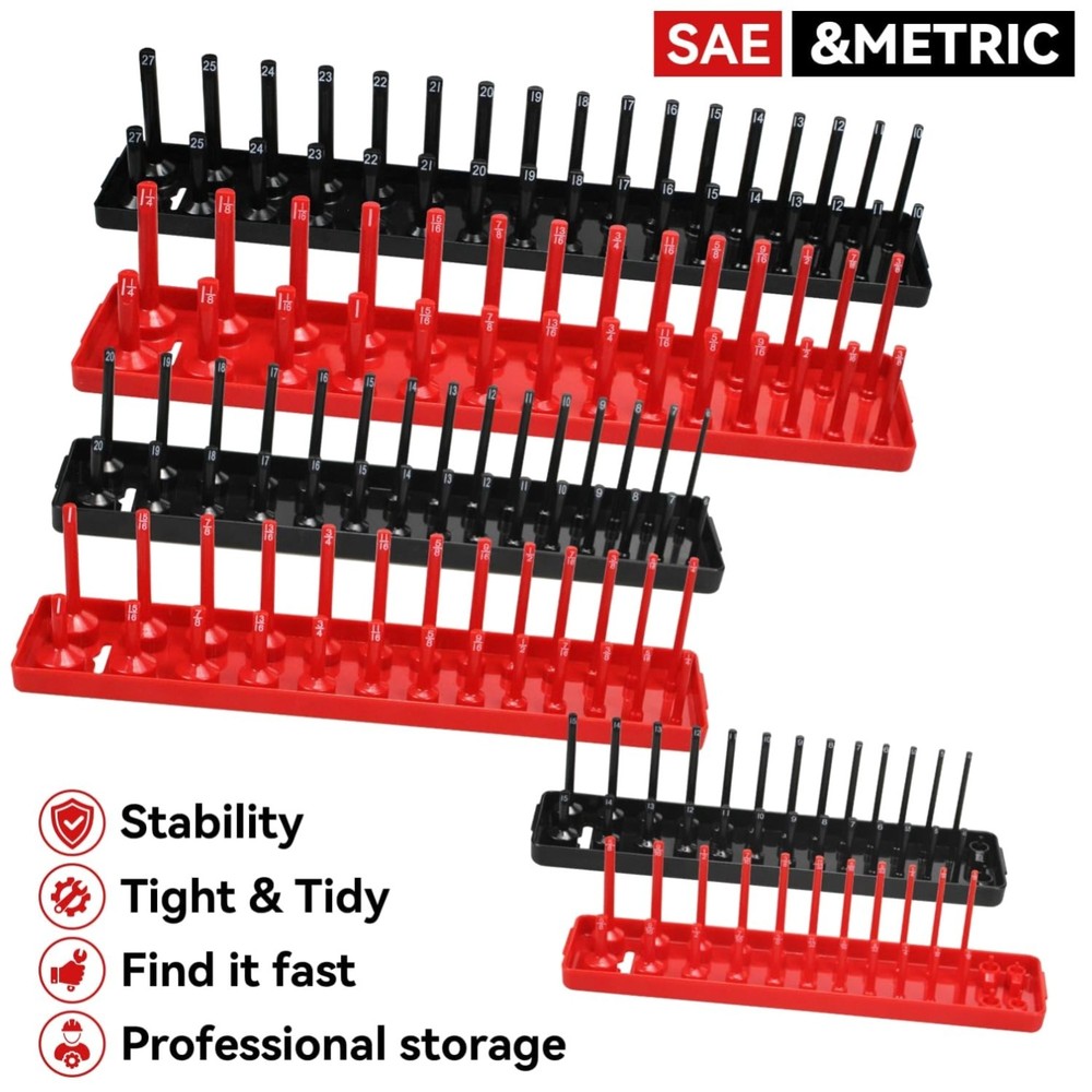 6PC Socket Organizer Tray Set - Red SAE & Black Metric