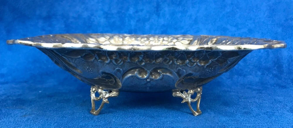 Vintage 925 Sterling Silver Repousse Footed Dish