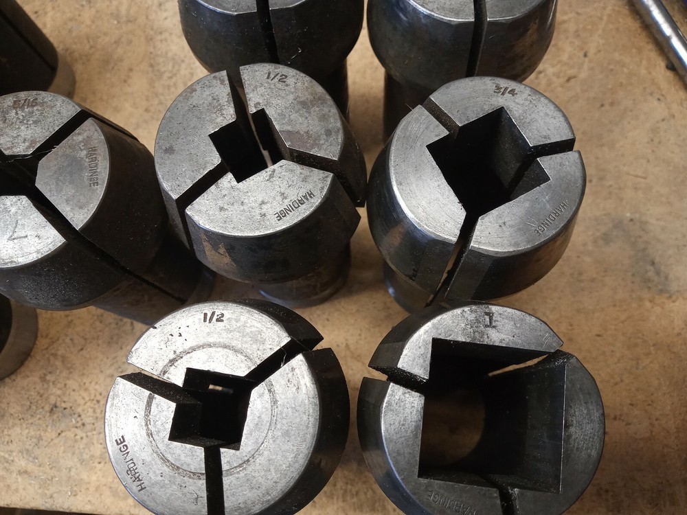 13 Hardinge collets, square, hex with chuck and ect NO THREADS (SEE DESCRIPTION)