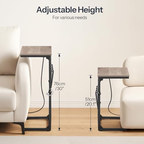 C Shaped End Table with Charging Station, 30” Adjustable 1 Greige + Black