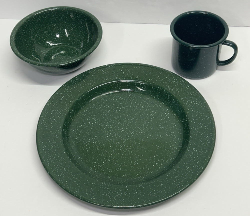 3 Piece Green White Speckle Enamelware Camping Plate, Mug, Bowl