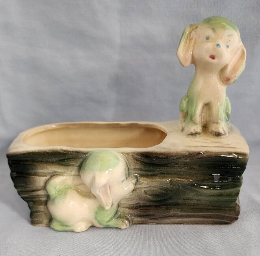 Brush Pottery Pups on Rail Garden Dish