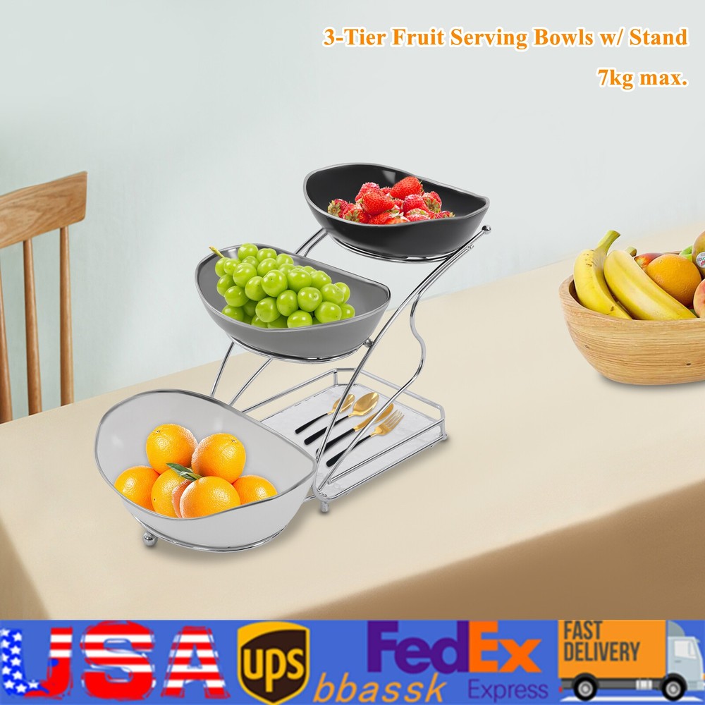 3 Tier Fruit Serving Bowls w/ Stand Fruit Serving Bowl Holder for Kitchen Silver