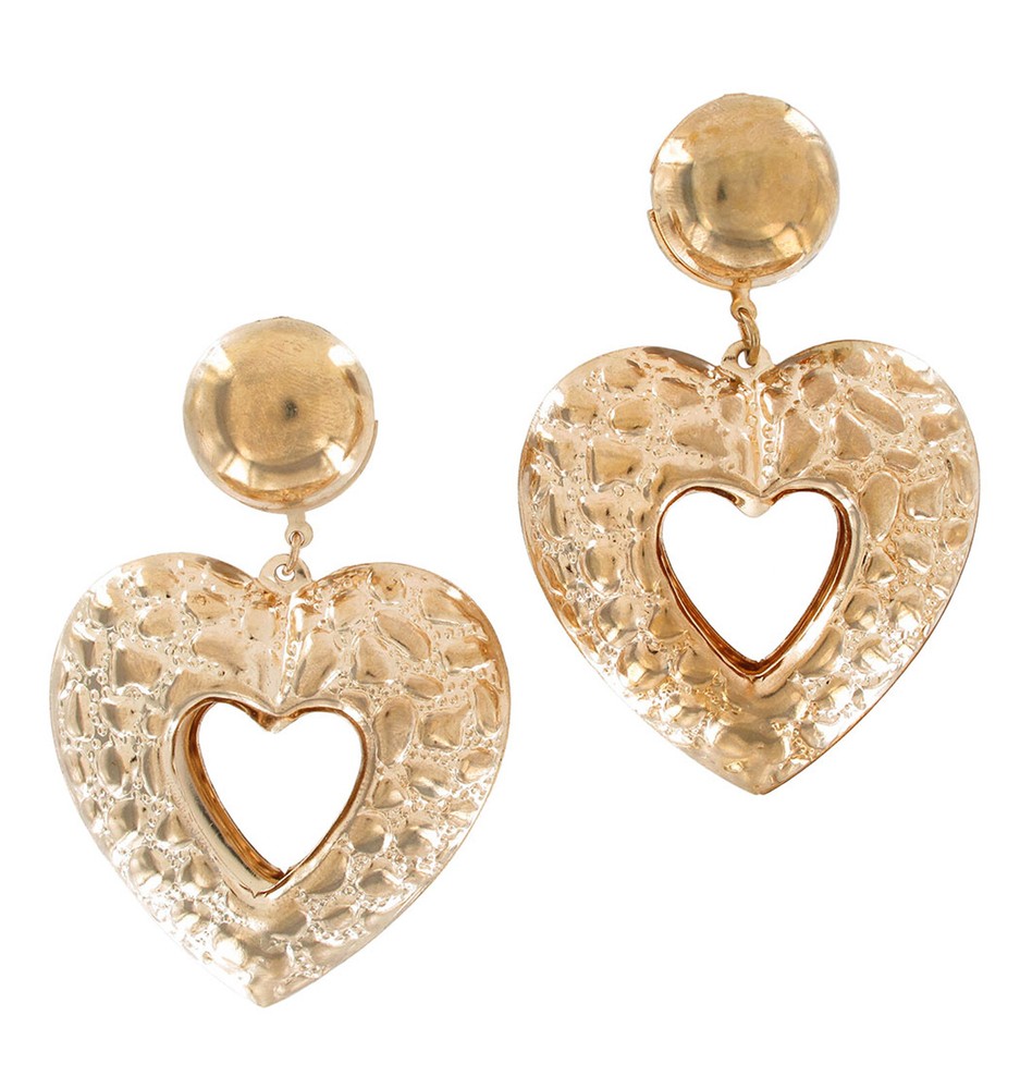 Large Gold Tone Heart Dangle Pierced Statement Pierced Earrings Lightweight 3"