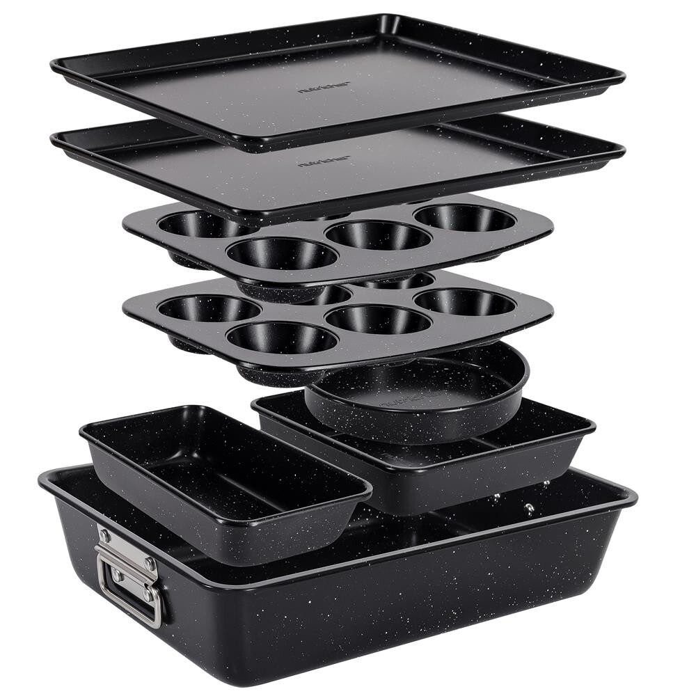 NutriChef 8pcs. Stackable Carbon Steel Bakeware Pan Set- Non-Stick(Black Marble)