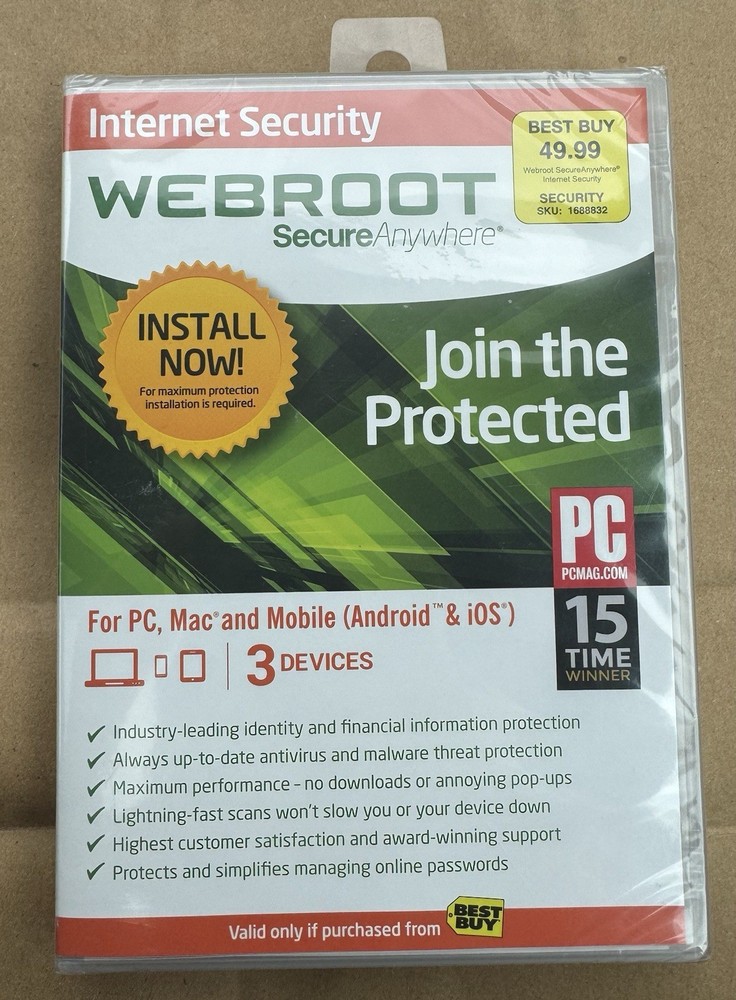 BRAND NEW Webroot Secure Anywhere Internet Security 3 Device Software CD