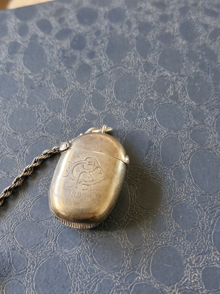 Victorian 1896 Solid Silver Vesta Case,Chester Hallmarked,William Neale + Chain.