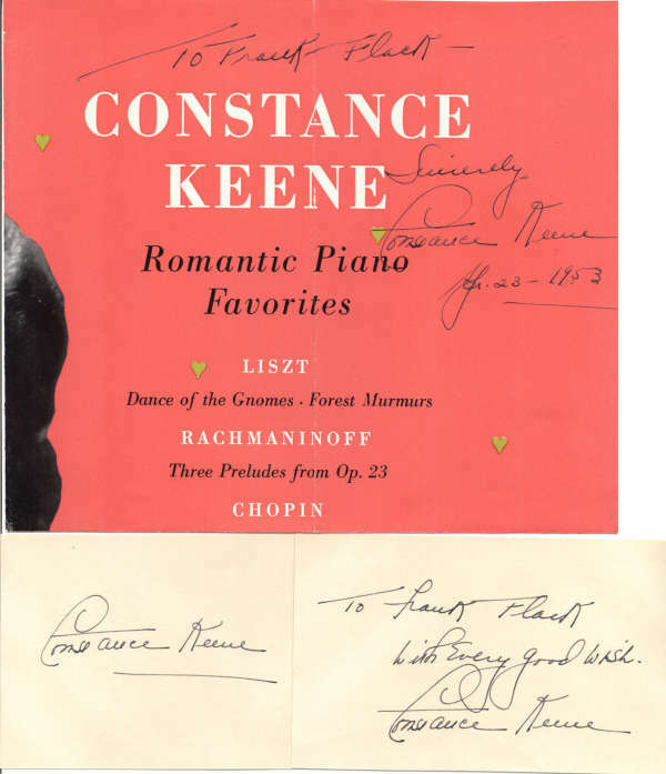 Constance Keene D.2005 Pianist Signed Program & Signed 3" x 5" Index Cards