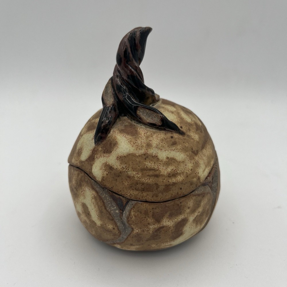Stoneware Art Pottery Pumpkin Squash Lidded Dish Signed Sue Beige Brown 4” EUC