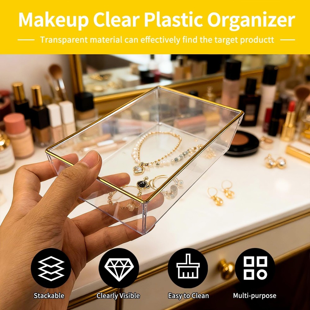 12 Pack Large Size Clear Stackable Drawer Organizer Trays, Gold Rim Makeup Dr...
