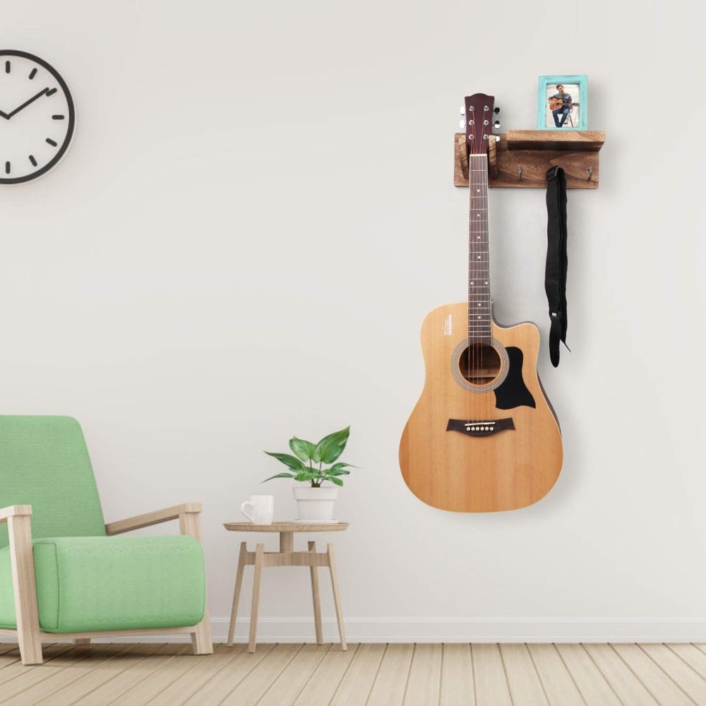 Rustic Wall Mount Guitar Hanger Shelf with Pick Holder & 3 Hooks - Carbonized...