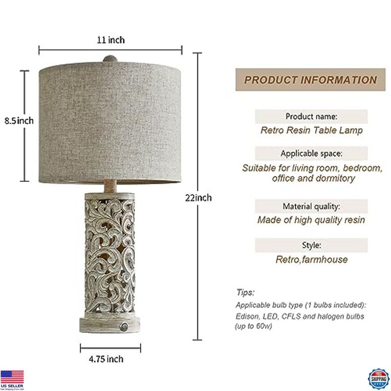 OYEARS 22'' 3-Way Dimmable USB A+C Touch Control Table Lamp with Nightlight,