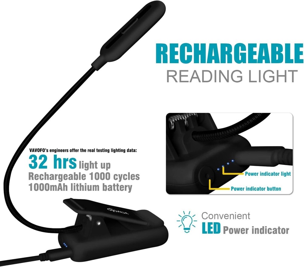 Rechargeable Clip On Reading Light LED Book Light 9 Brightness