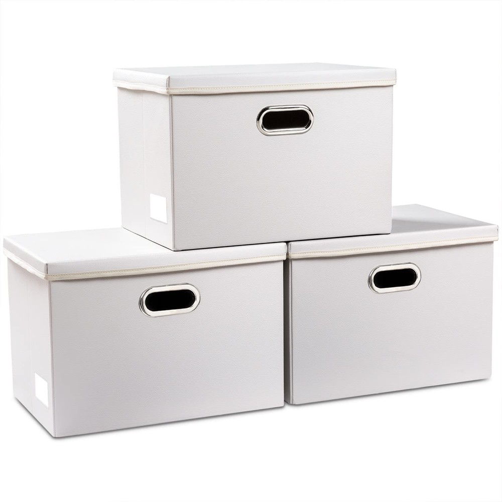 Large Stackable Storage Bins with Lids [3-Pack] Leather Fabric Foldable Stora...