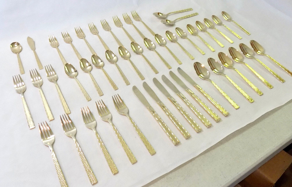 47 pc Stanley Roberts Arbor Pattern Gold Electroplate Flatware Set + Chest